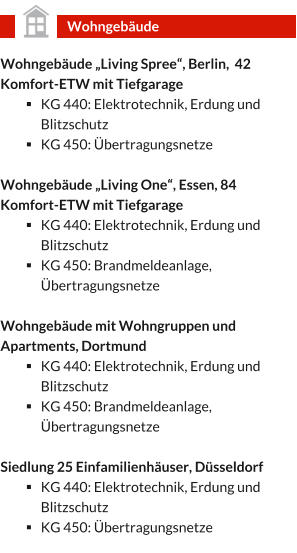 Wohngebäude „Living Spree“, Berlin,  42 Komfort-ETW mit Tiefgarage §	KG 440: Elektrotechnik, Erdung und Blitzschutz §	KG 450: Übertragungsnetze  Wohngebäude „Living One“, Essen, 84 Komfort-ETW mit Tiefgarage §	KG 440: Elektrotechnik, Erdung und Blitzschutz §	KG 450: Brandmeldeanlage, Übertragungsnetze   Wohngebäude mit Wohngruppen und Apartments, Dortmund §	KG 440: Elektrotechnik, Erdung und Blitzschutz §	KG 450: Brandmeldeanlage, Übertragungsnetze   Siedlung 25 Einfamilienhäuser, Düsseldorf §	KG 440: Elektrotechnik, Erdung und Blitzschutz §	KG 450: Übertragungsnetze   Wohngebäude